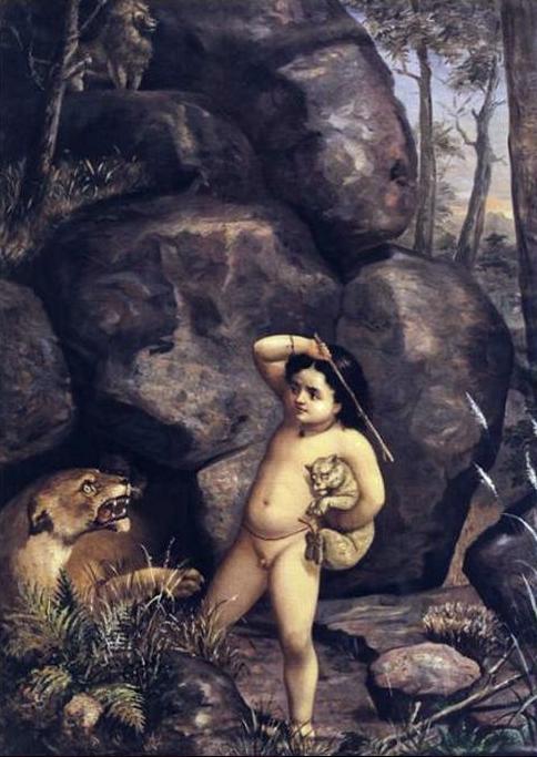 Painting by Raja Ravi Varma of Bharata as a boy with a lion